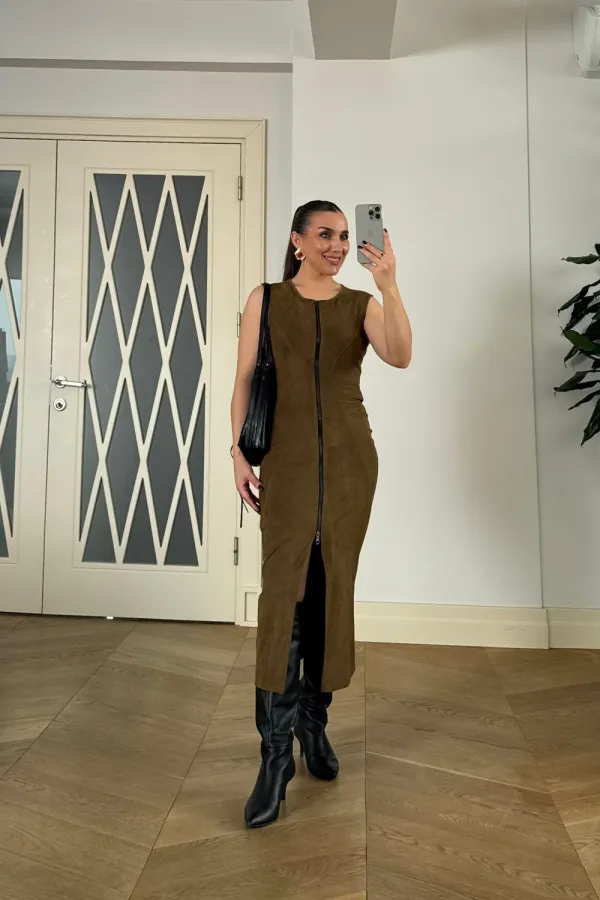 Suni Süet Sıfır Kol Midi Elbise