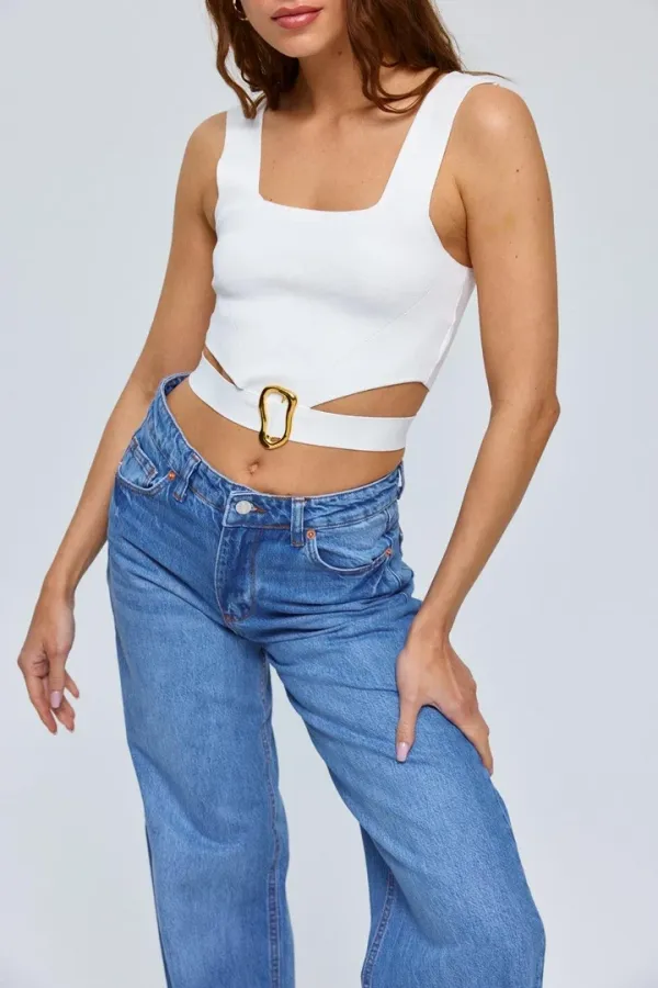 Bel Detaylı Askılı Triko Kadın Bluz