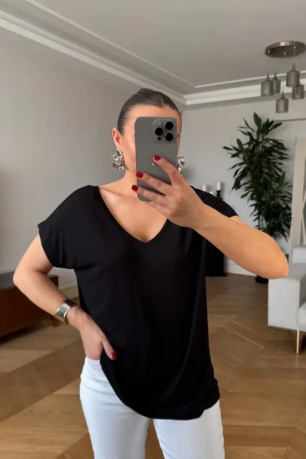 T-shirt femme à manches courtes et col en V devant et dos