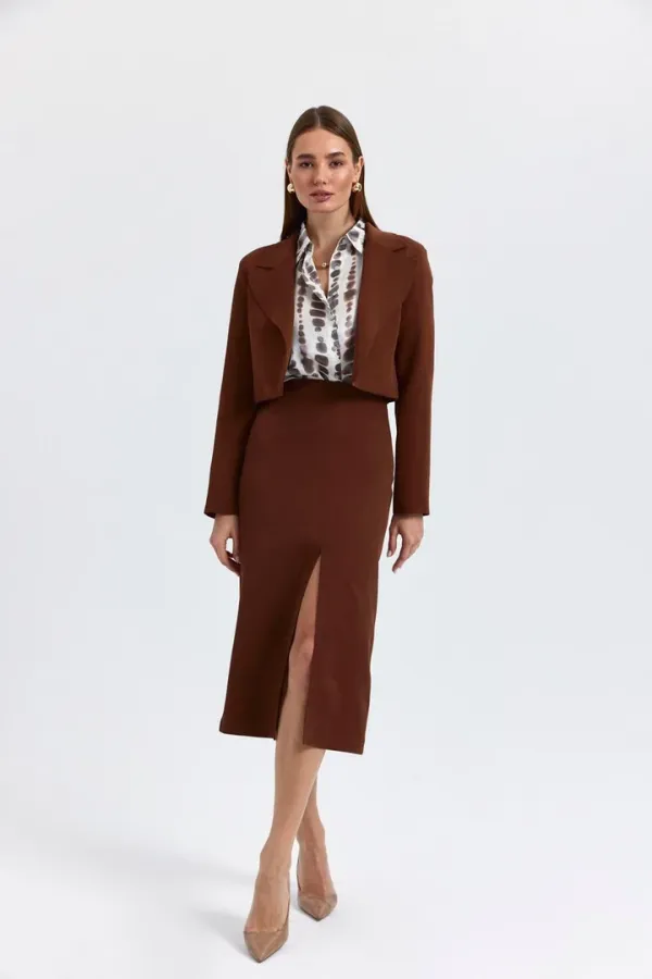 High-Waisted, Slit, Straight-Cut Midi Skirt