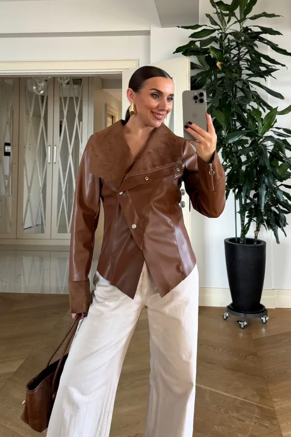 Suni Deri Çıtçıtlı Kadın Ceket