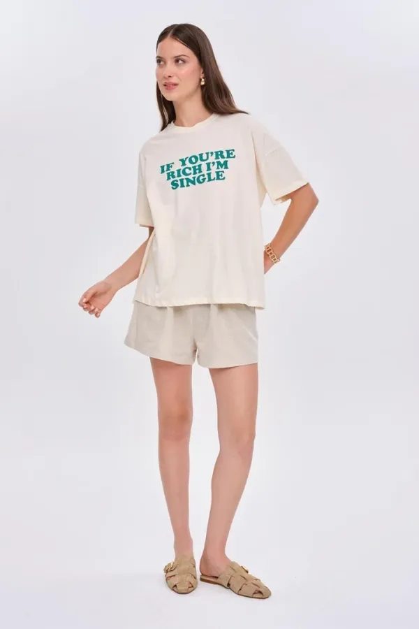 Oversize Bisiklet Yaka Baskılı Kadın Tişört