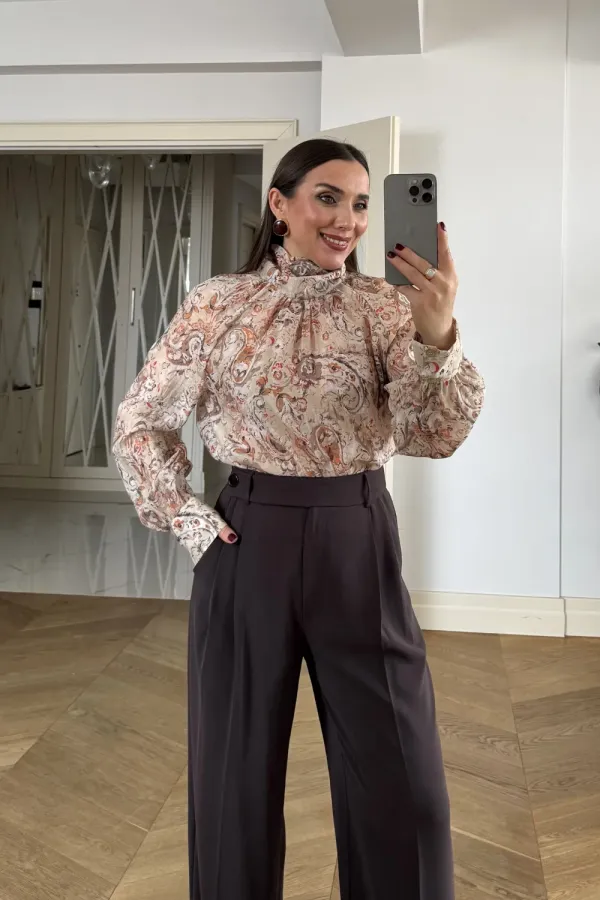 Desenli Şal Yaka Uzun Kollu Bluz