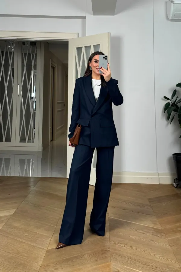 Kruvaze Çizgili Blazer Ceket Pantolon Kadın Takım Kruvaze Çizgili Blazer Ceket Pantolon Kadın Takım