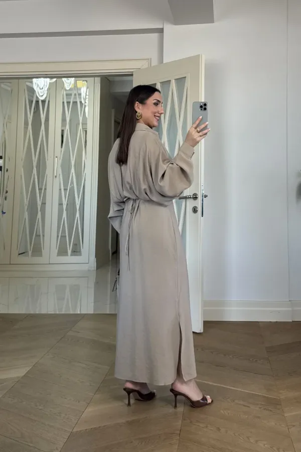 Kuşak Detaylı Uzun Kollu Gömlek Elbise