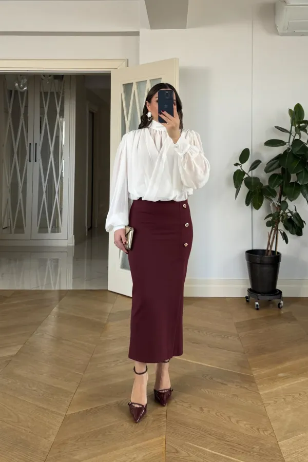 Midi Pencil Skirt with Slit and Button Detail