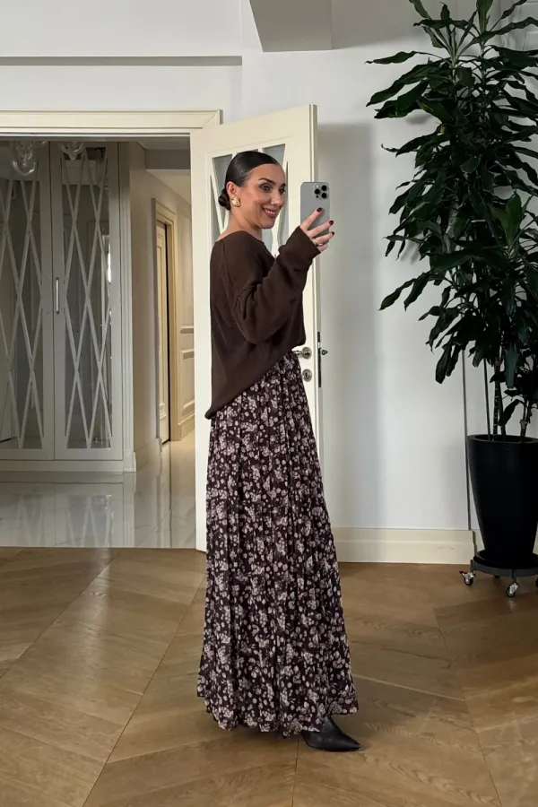 Desenli Beli Lastikli Şifon Etek