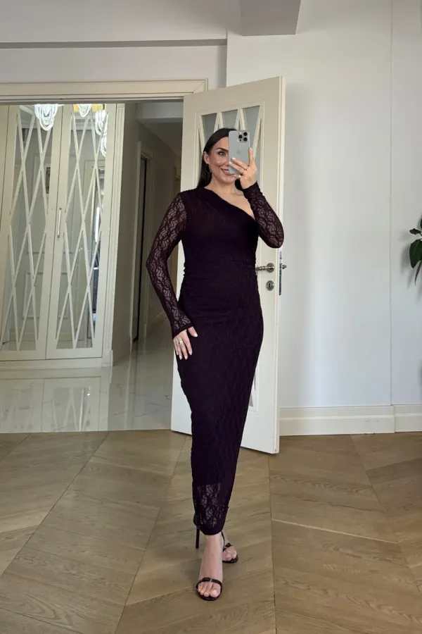 Asimetrik Yaka Dantel Midi Elbise