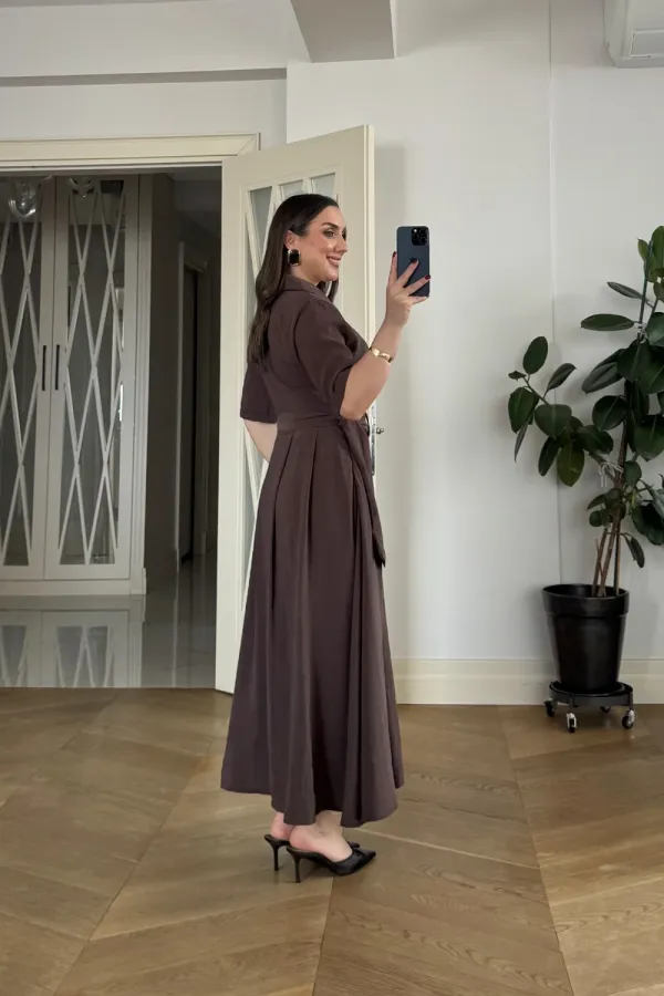 Kruvaze Yaka Kısa Kollu Uzun Elbise