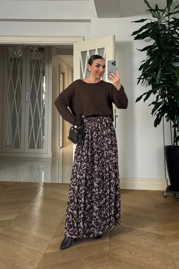 Desenli Beli Lastikli Şifon Etek