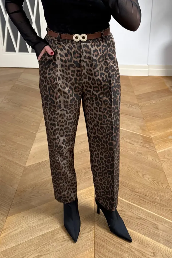 Kemerli Leopar Desenli Kadın Pantolon