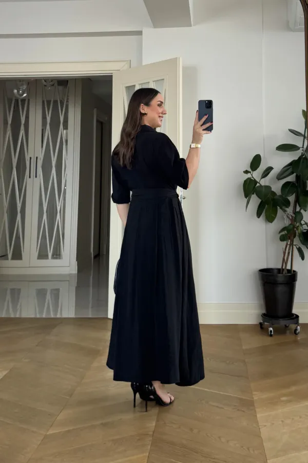 Kruvaze Yaka Kısa Kollu Uzun Elbise