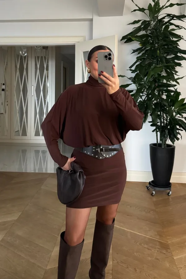 Yarasa Kol Kemerli Mini Elbise