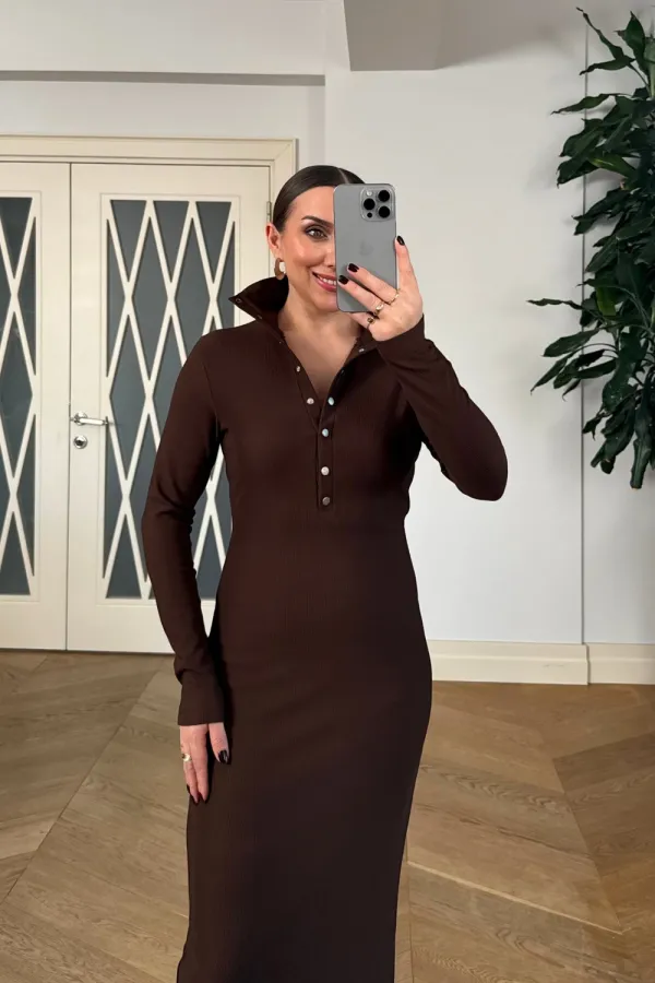 Fitilli Dik Yaka  Uzun Kollu Uzun Elbise