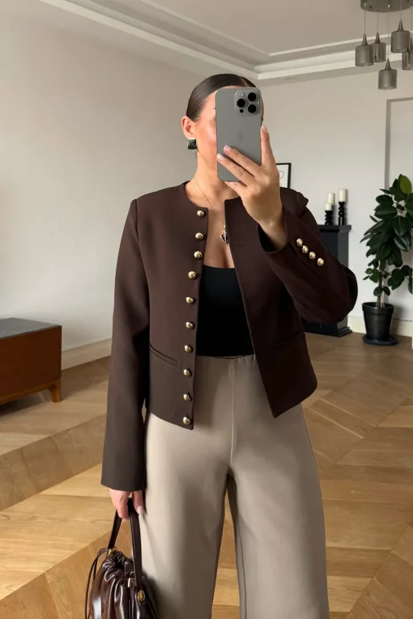 Crop Blazer Yakasız Kadın Ceket