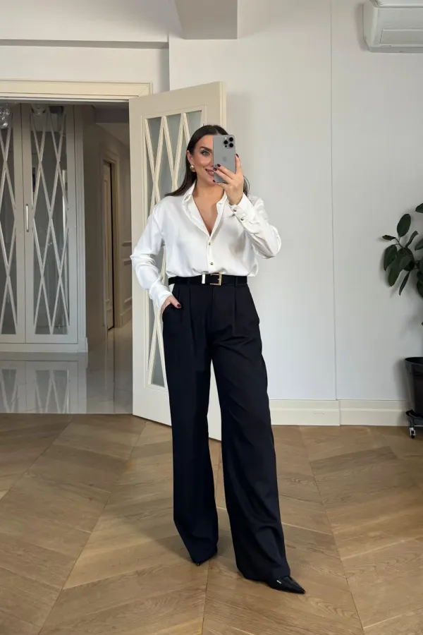 Gold Düğmeli Saten Kadın Gömlek