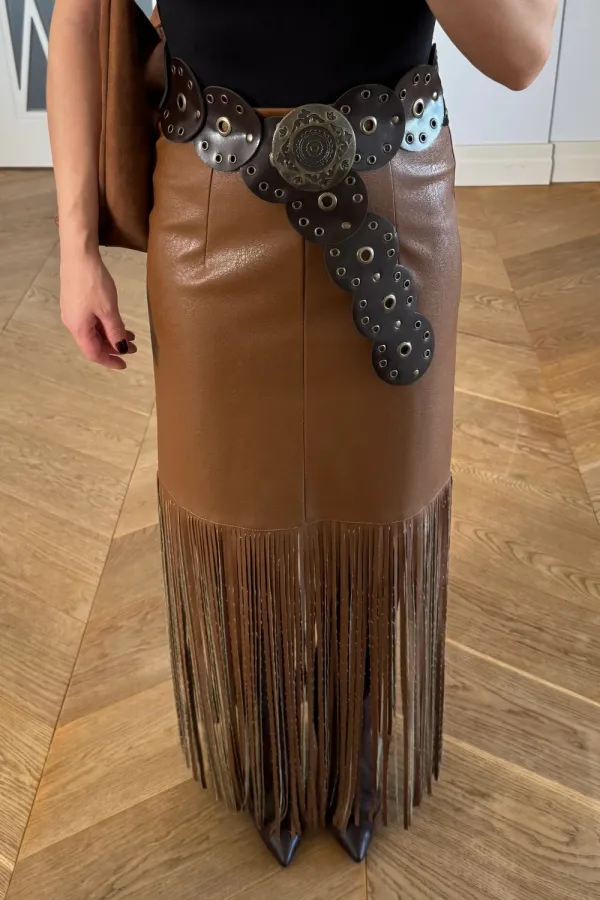 Suni Deri Püskül Detaylı Mini Etek