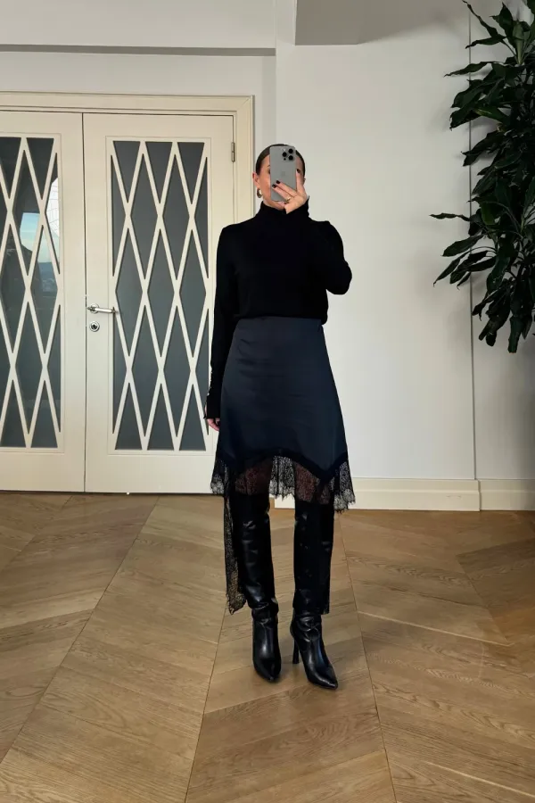 Dantelli Saten Mini Etek