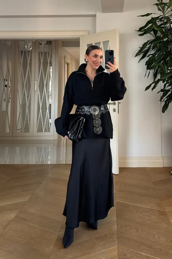 High-Neck Zip-Up Knitted Women's Sweater