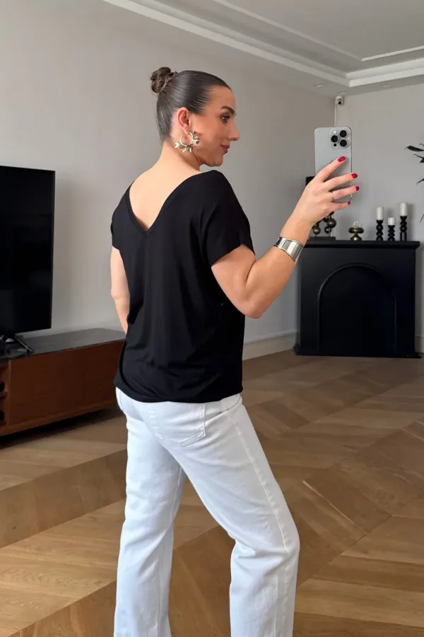 T-shirt femme à manches courtes et col en V devant et dos