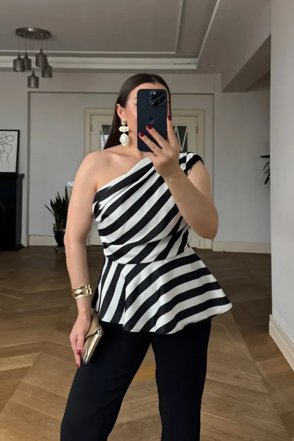 One-Shoulder Striped Satin Blouse