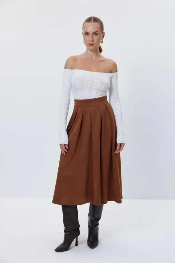 Kayık Yaka Crop Triko Kadın Kazak