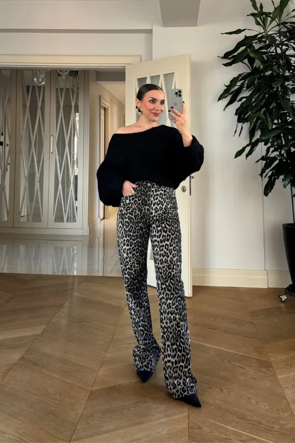 Leopar Desenli Denim Kadın Pantolon