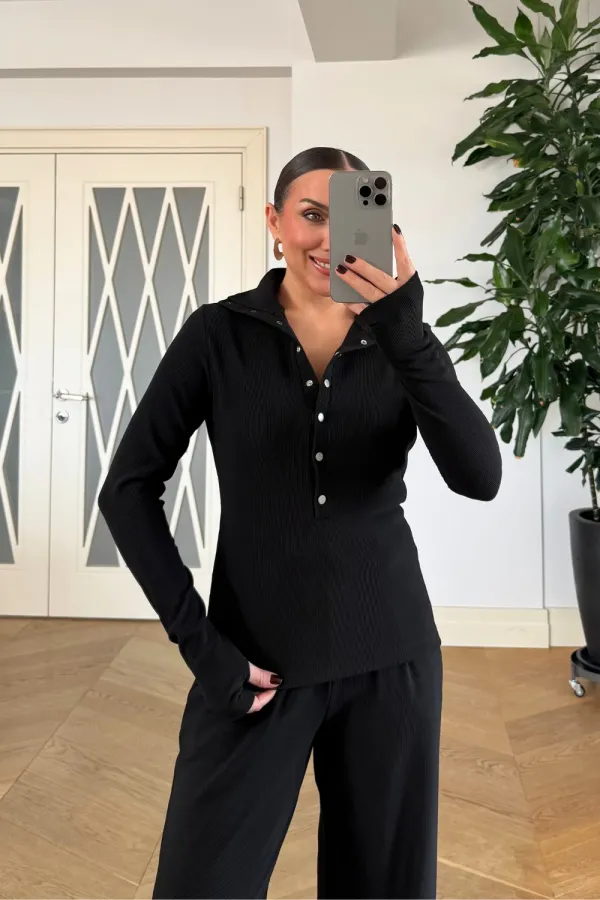 Dik Yaka Fitilli Uzun Kollu Bluz