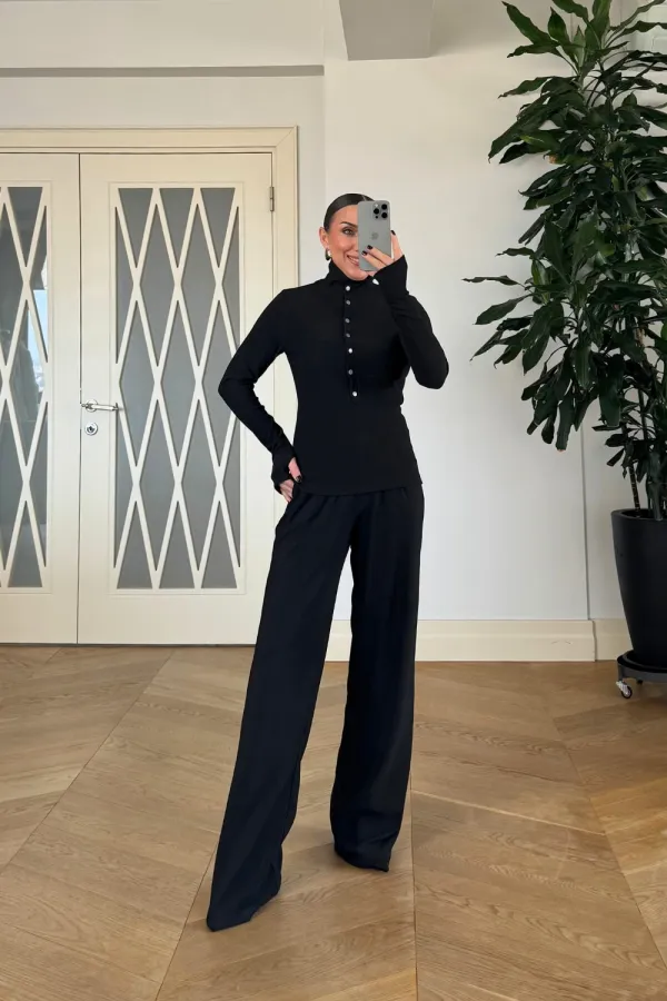 Dik Yaka Fitilli Uzun Kollu Bluz