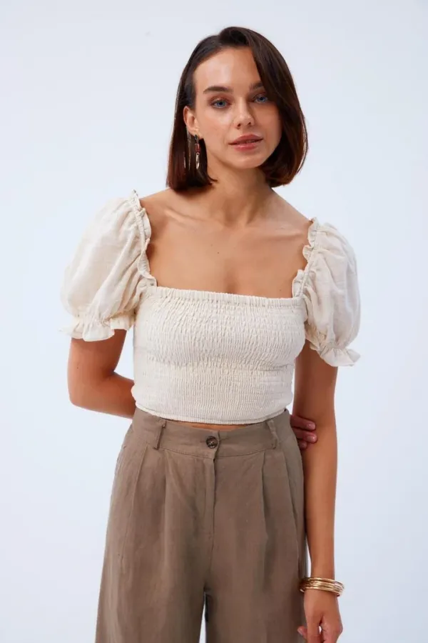 Balon Kol Gipeli Bej Bluz Tuba Butik