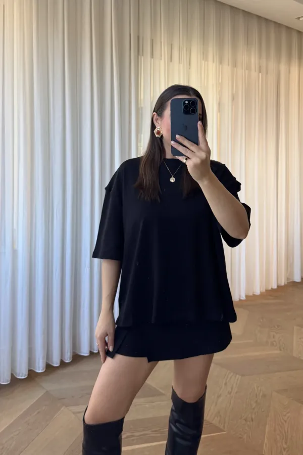 Oversize Bisiklet Yaka Kadın Tişört