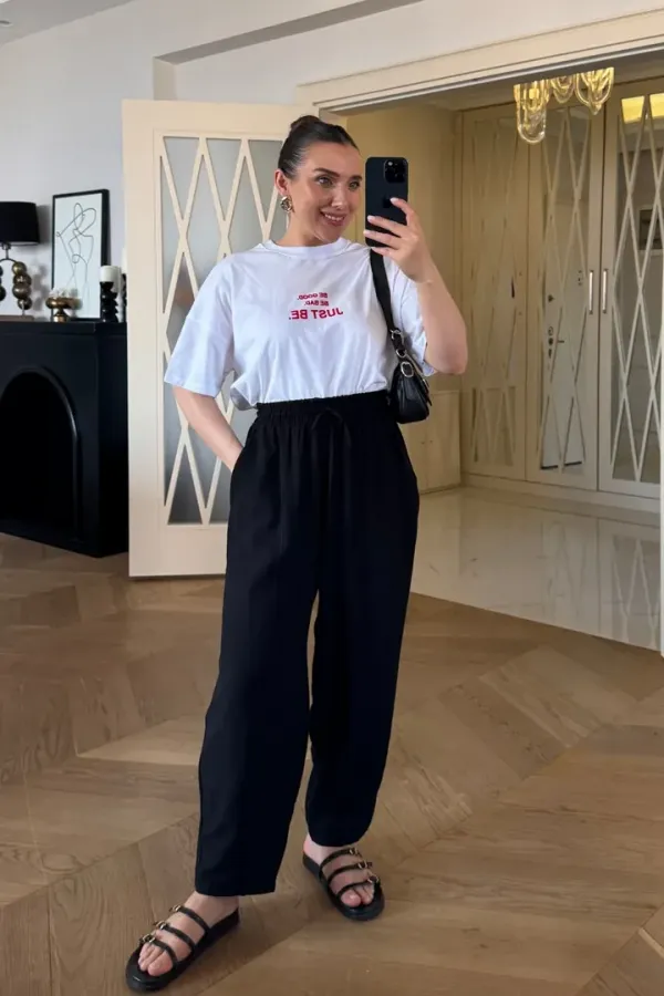 Bisiklet Yaka Baskılı Kısa Kollu Kadın Tişört %100 Pamuk