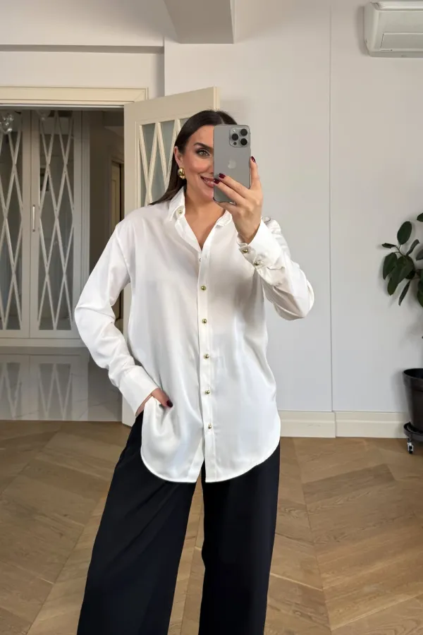 Gold Düğmeli Saten Kadın Gömlek