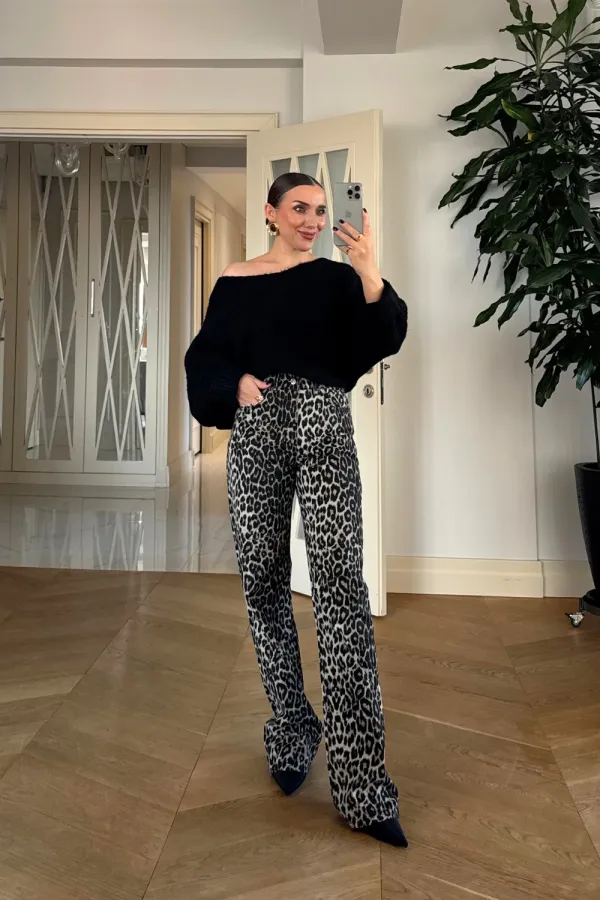 Leopar Desenli Denim Kadın Pantolon