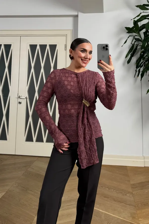 Transparan Uzun Kollu Şal Yaka Bluz