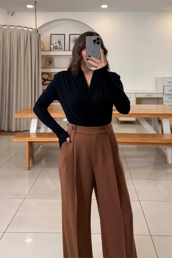 Wrap-Neck Padded Long-Sleeved Bodysuit