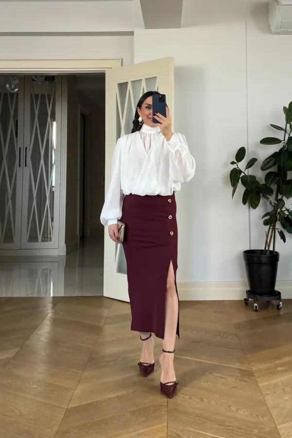 Midi Pencil Skirt with Slit and Button Detail