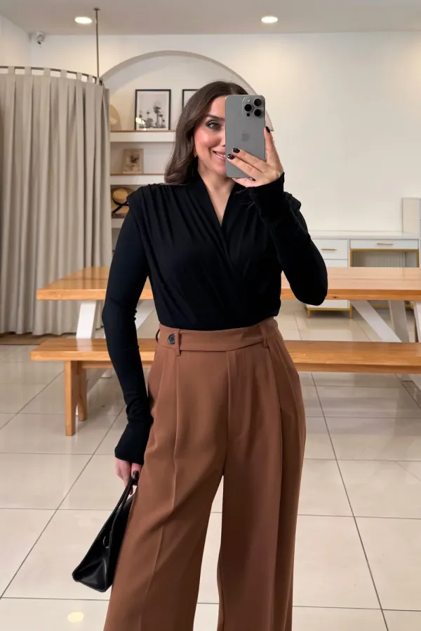 Wrap-Neck Padded Long-Sleeved Bodysuit