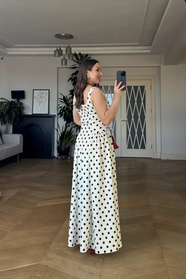 Square Neck Polka Dot Strappy Midi Dress Square Neck Polka Dot Strappy Midi Dress