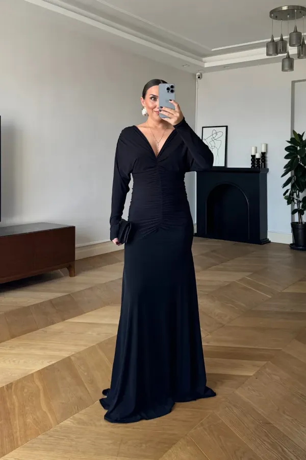 Büzgülü Uzun Kollu Uzun Elbise