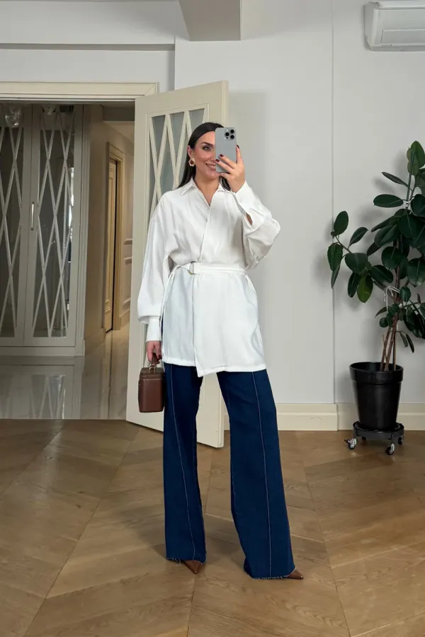 Kruvaze Kemerli Uzun Kollu Bluz