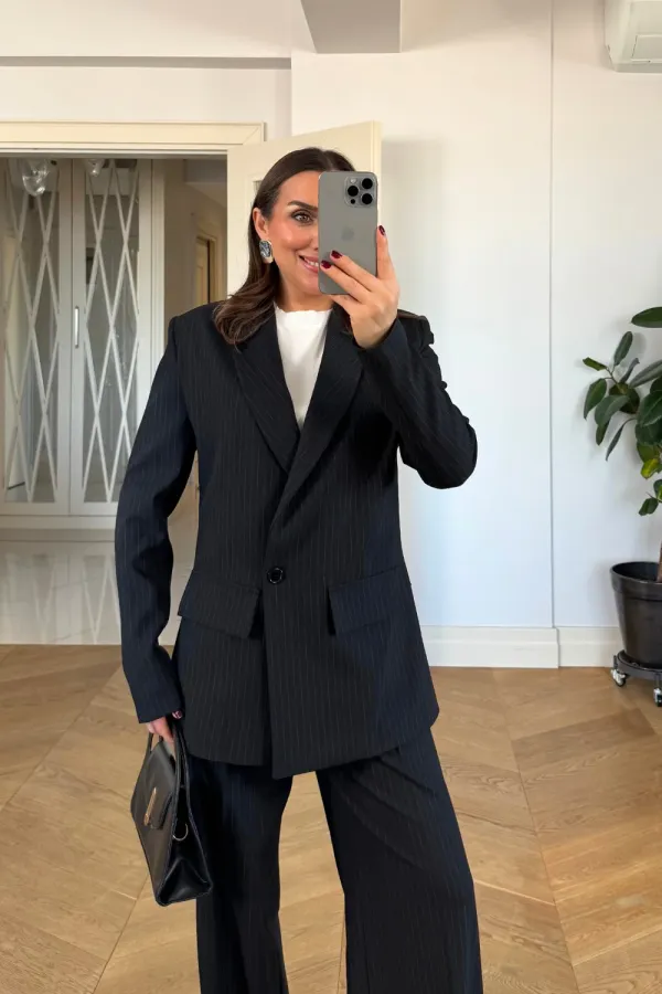 Kruvaze Çizgili Blazer Ceket Pantolon Kadın Takım Kruvaze Çizgili Blazer Ceket Pantolon Kadın Takım