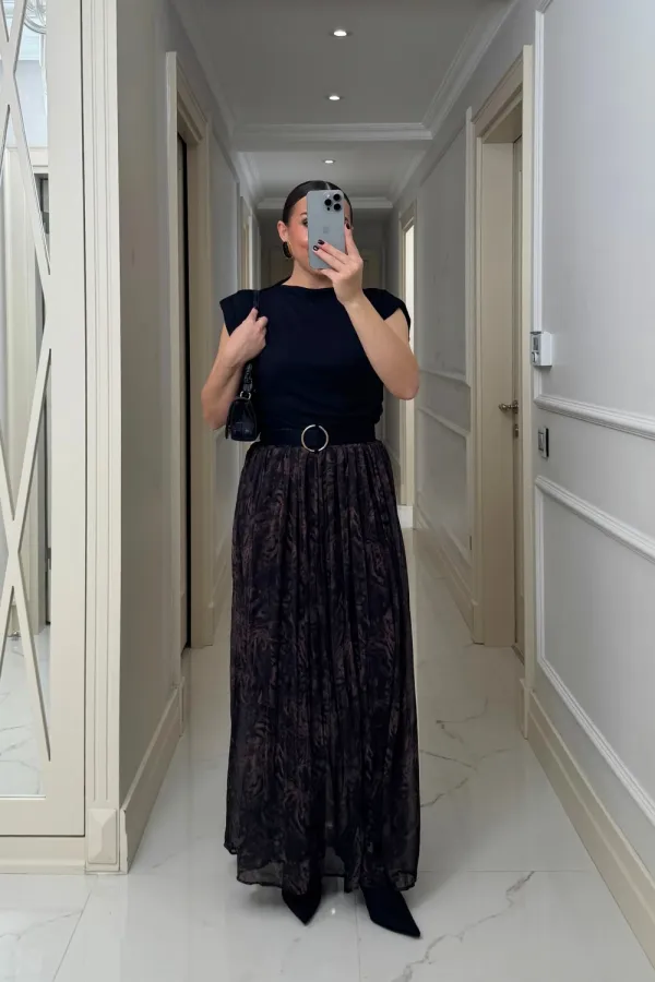 Desenli Uzun Şifon Etek