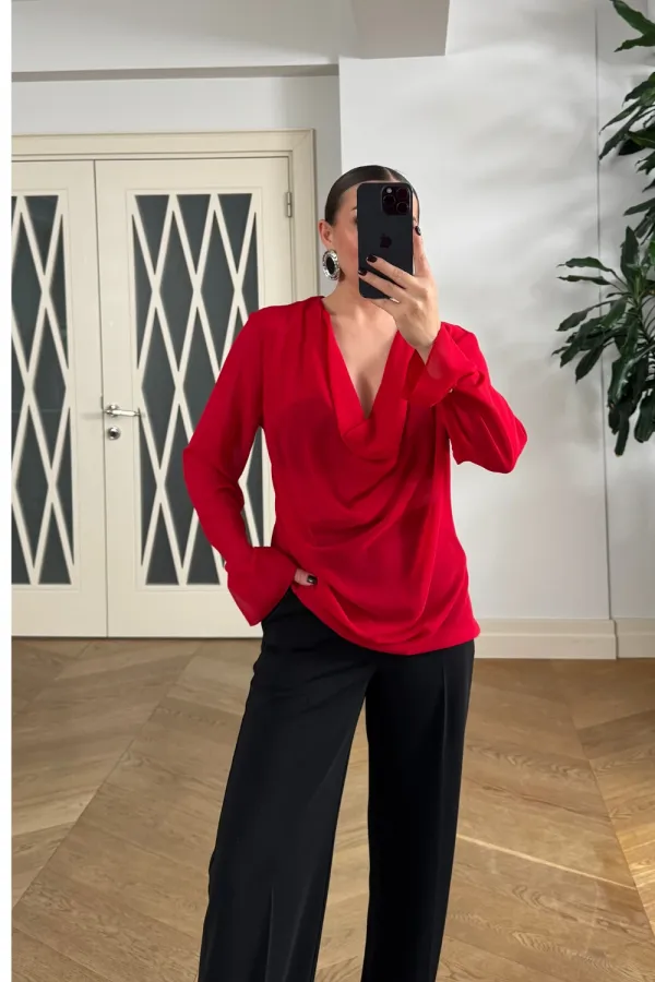 Blouse with V-neck and Sleeve Details