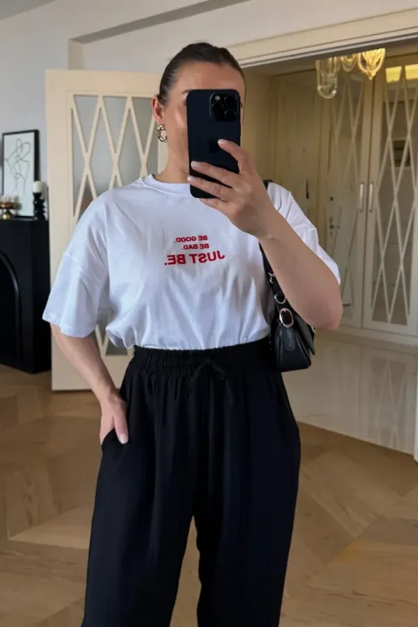 Bisiklet Yaka Baskılı Kısa Kollu Kadın Tişört %100 Pamuk