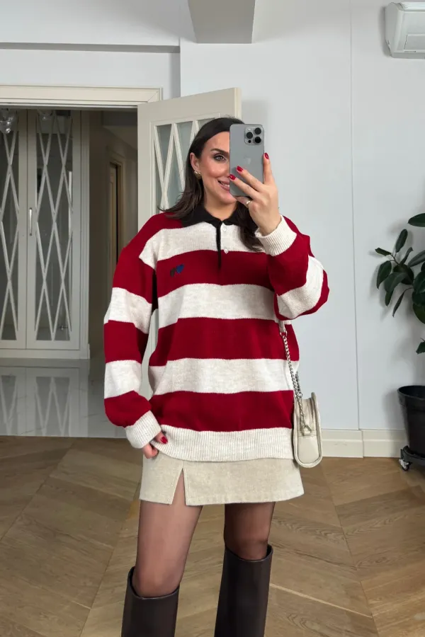 Polo Yaka Çizgili Triko Kadın Kazak