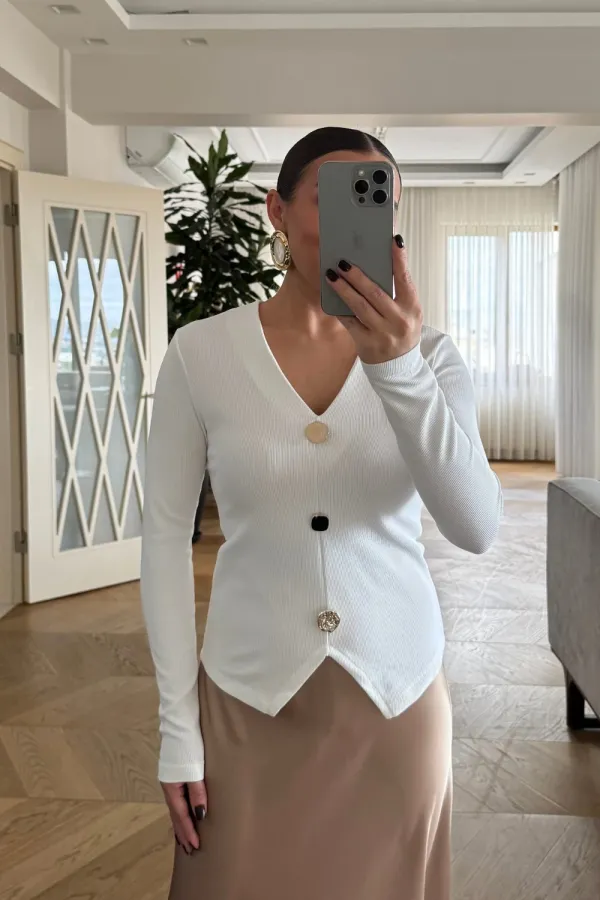 V Yaka Fitilli Uzun Kollu Bluz