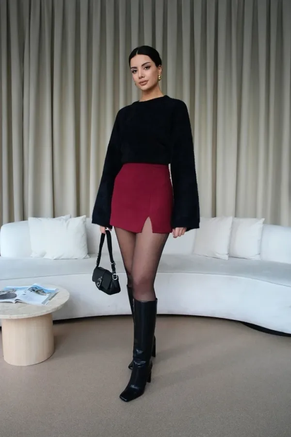 Yırtmaçlı Mini Kaşe Etek