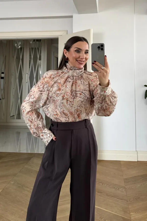 Desenli Şal Yaka Uzun Kollu Bluz