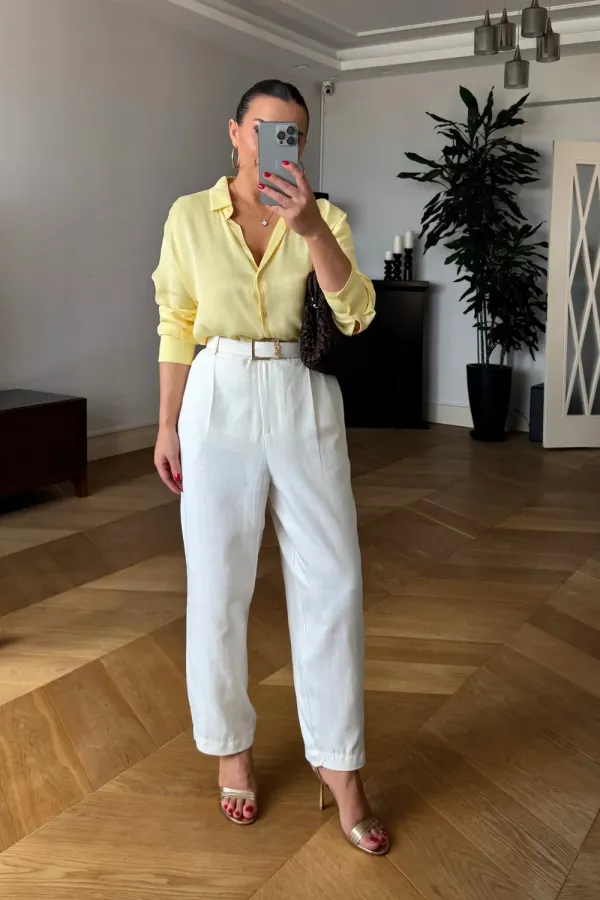 Pileli Keten Kadın Pantolon